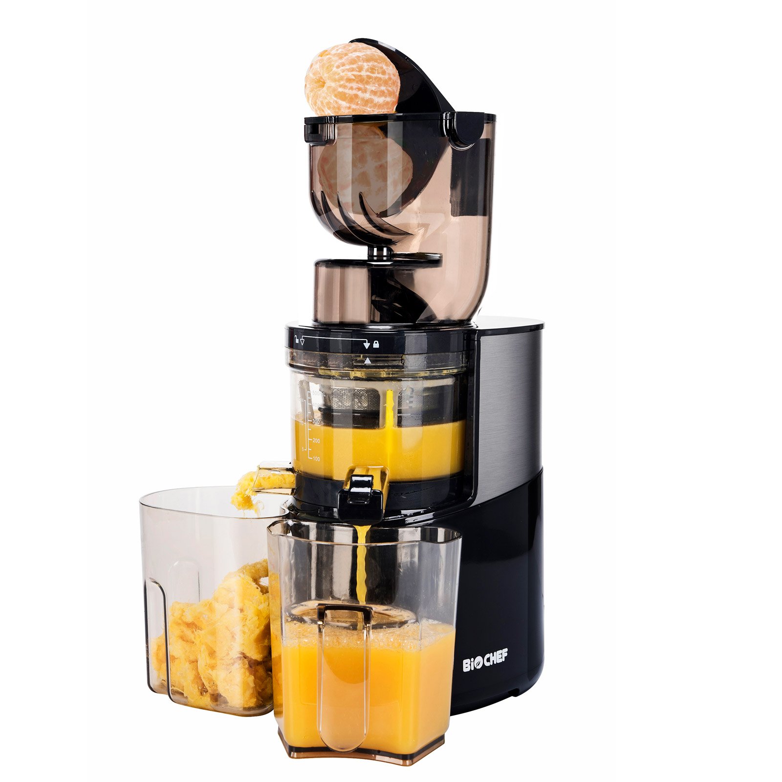 BioChef Altas spremiagrumi Whole Slow Juicer Pro – Motore ultra potente, facile spremitura di frutta e verdura con vano di riempimento XXL, parti adatte alla lavastoviglie, colore nero