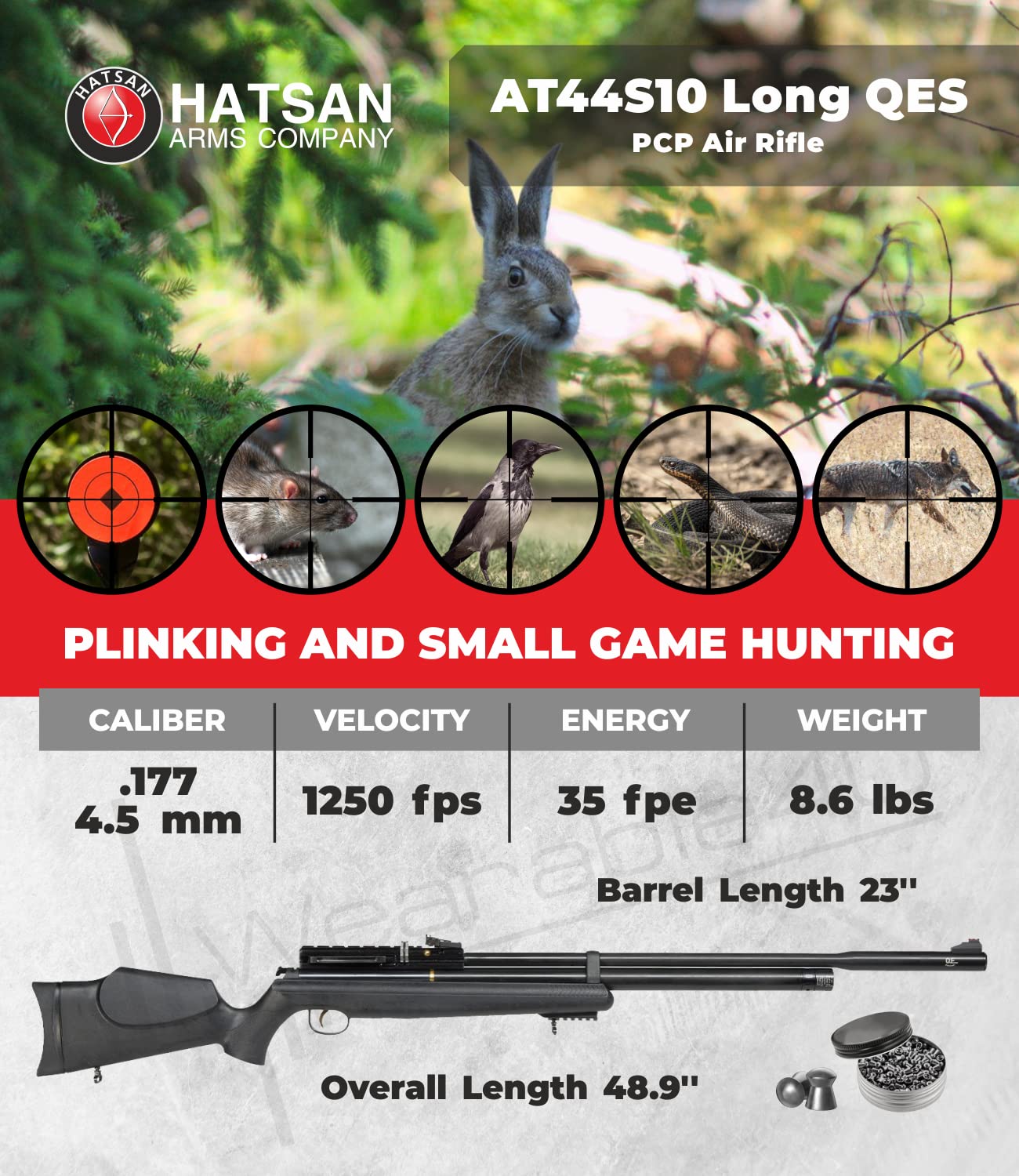 Wearable4U - Hatsan AT44S10 Long QE Open Sight .177 Cal Air Rifle with Included 100x Paper Targets and 500x .177 Cal Pellets Bundle