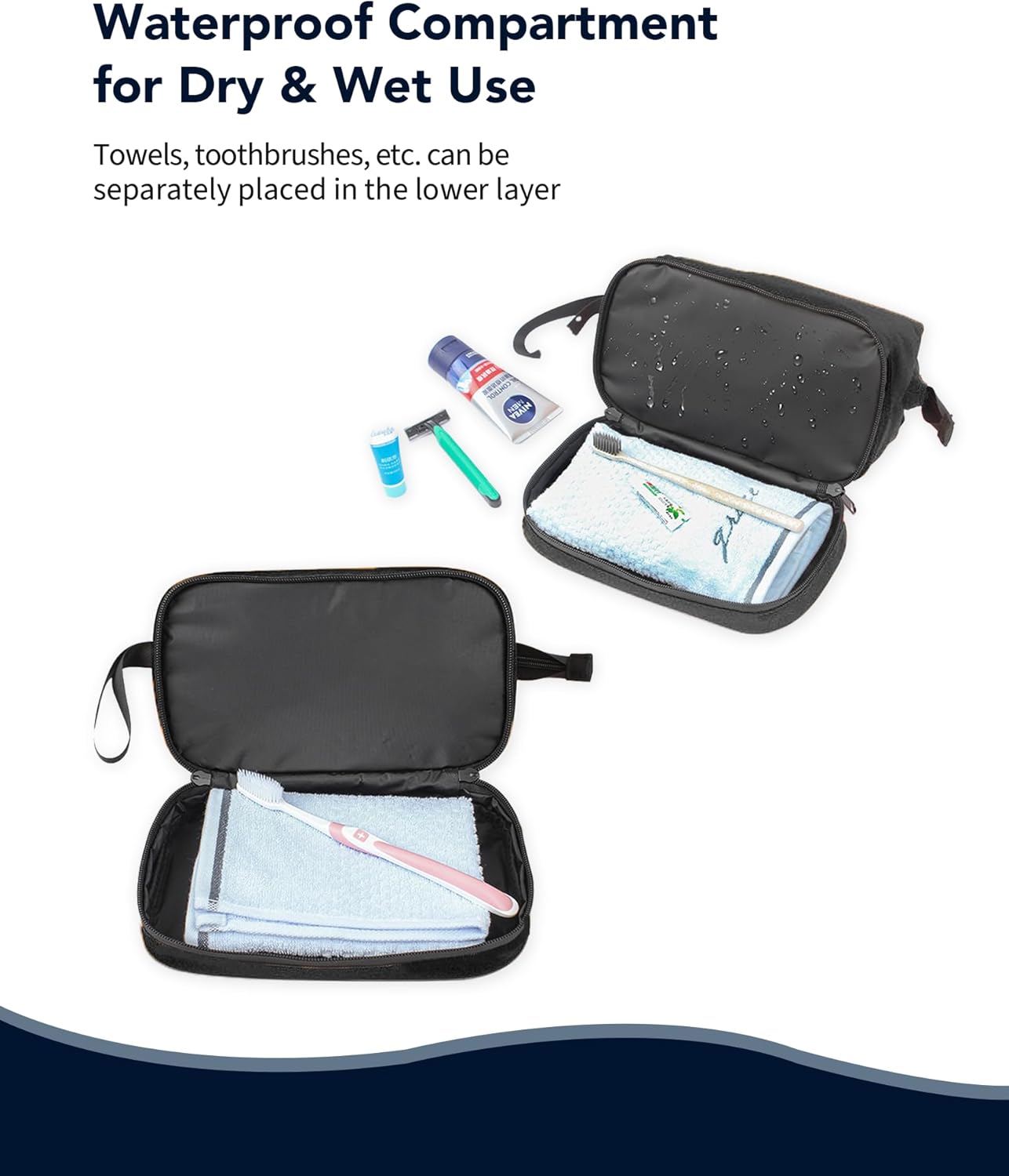 Large Travel Toiletry Bag, Men Double Layer Organizer with Wet and Dry Separation, Water-Resistant Shaving Kit, Grey (Black) - Image 4