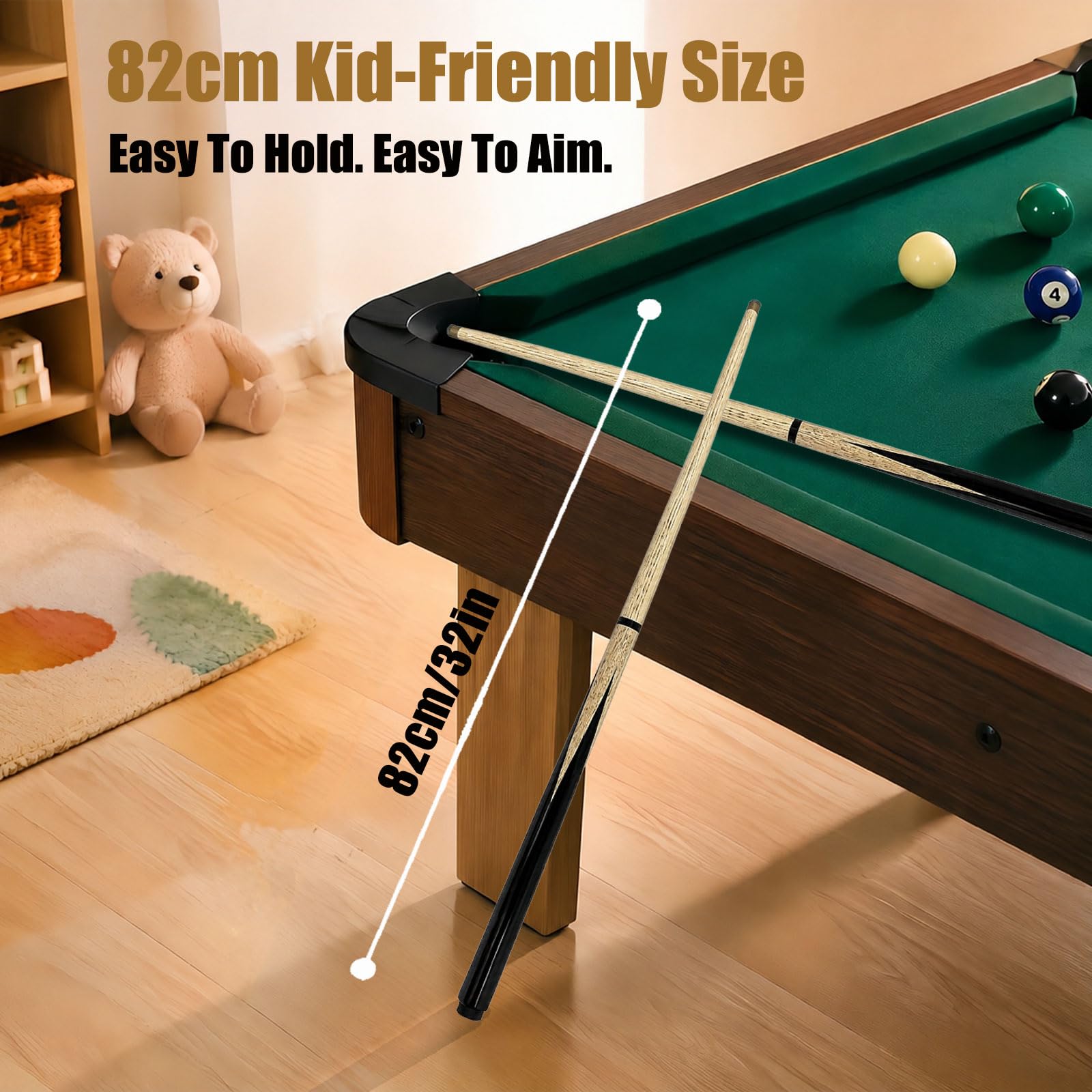 Lot de 4 queues de billard d'entraînement pour enfants de 81,3 cm pour table de billard, joint fileté en acier anti-oscillation, pointe en laiton renforcée, haute dureté, bois de frêne, contrôle de