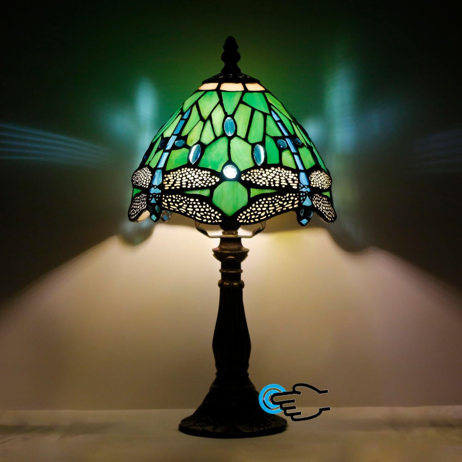 Tiffany Lamp Touch Control Table Lamp Green Stained Glass Desk Lamp 8X8X14.5 Inches Dragonfly Style Reading Light