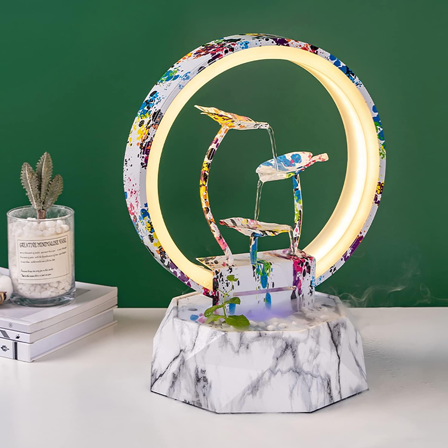 卓上噴水デスクトップの噴水 屋内滝 カラフルな落書きアート、ユニークな誕生日のクリスマスプレゼントと金属フレームとプラスチックベース