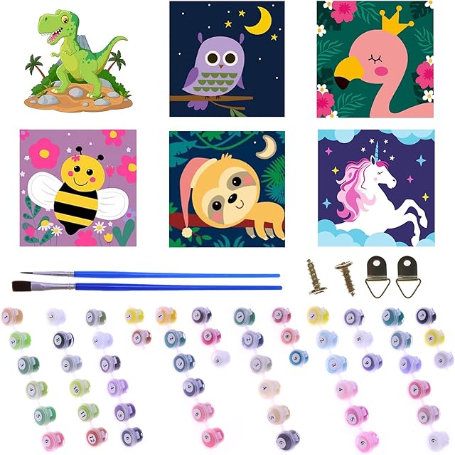 WJGJ DIY Paint by Numbers for Kids, 6 Pack Paint by Number for Children Beginner Easy Acrylic Watercolor Number Painting Canvas Arts for Kids, Oil Painting Paint-by-Number Kits for Decor