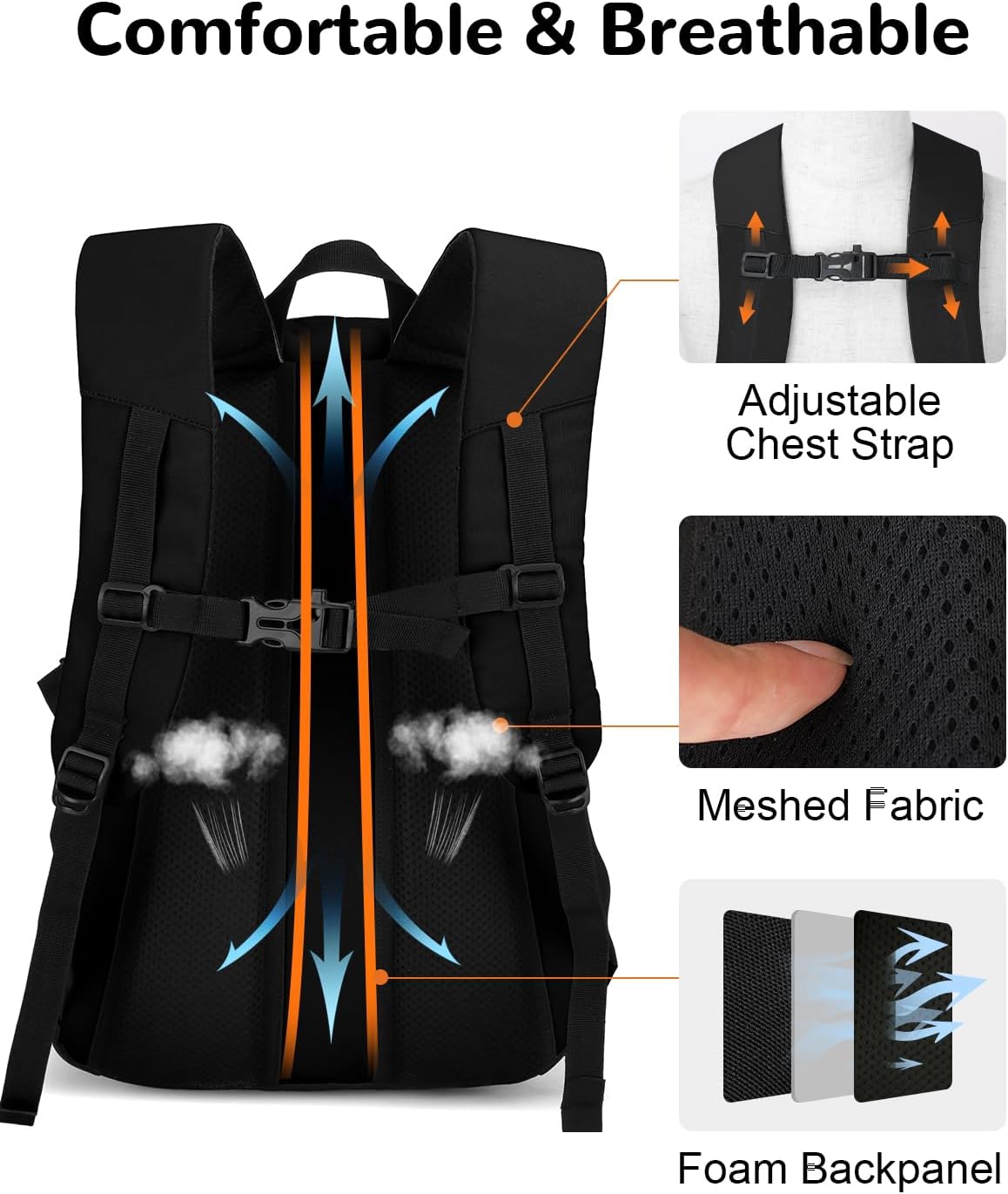 20L Small Waterproof Hiking Backpack with Chest Strap for Men, Lightweight Outdoor Daypack, Black