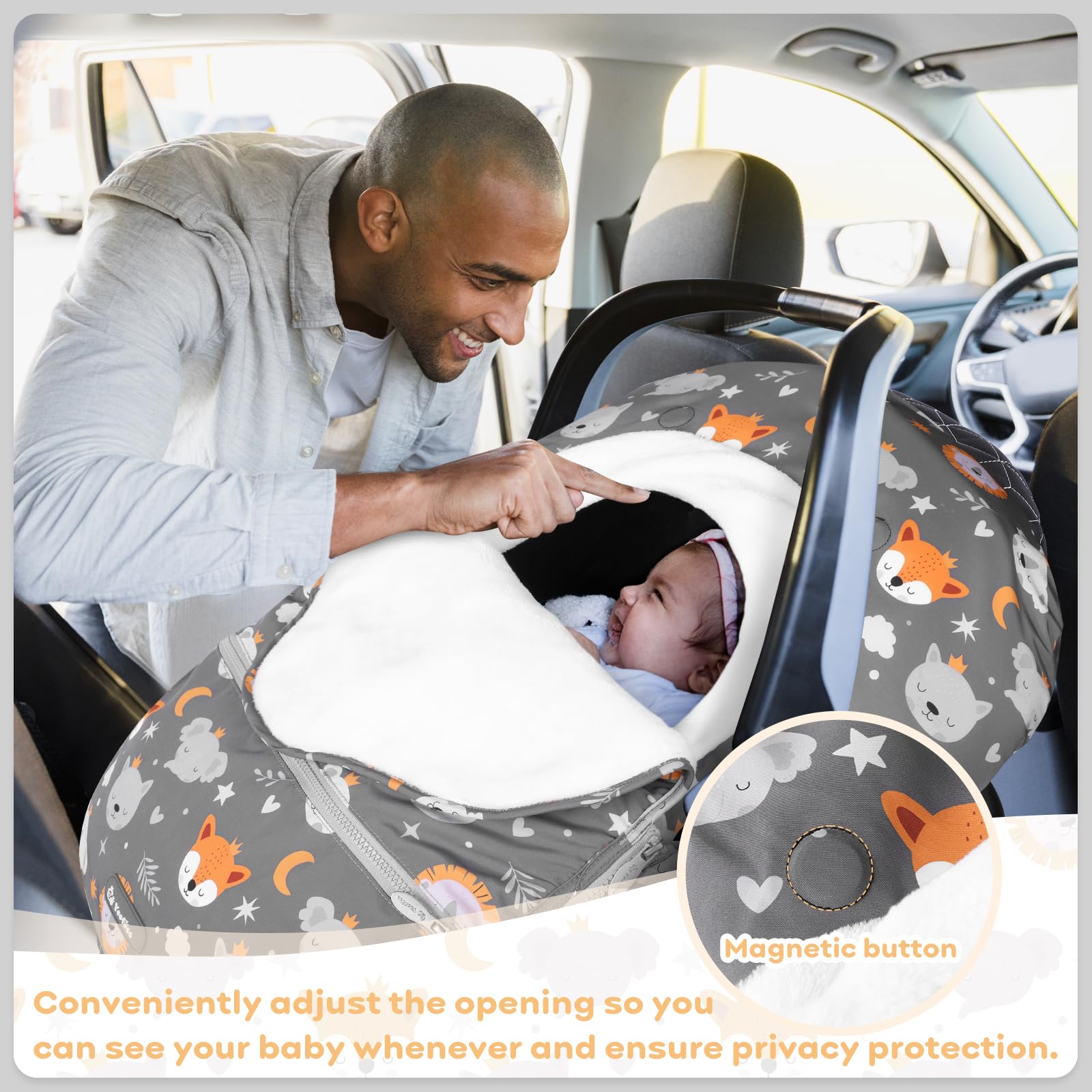 Yoofoss Funda de asiento de coche para bebé, cubierta de invierno para proteger al bebé del viento frío, funda de forro polar de felpa súper cálida para bebés niños y niñas, zorro