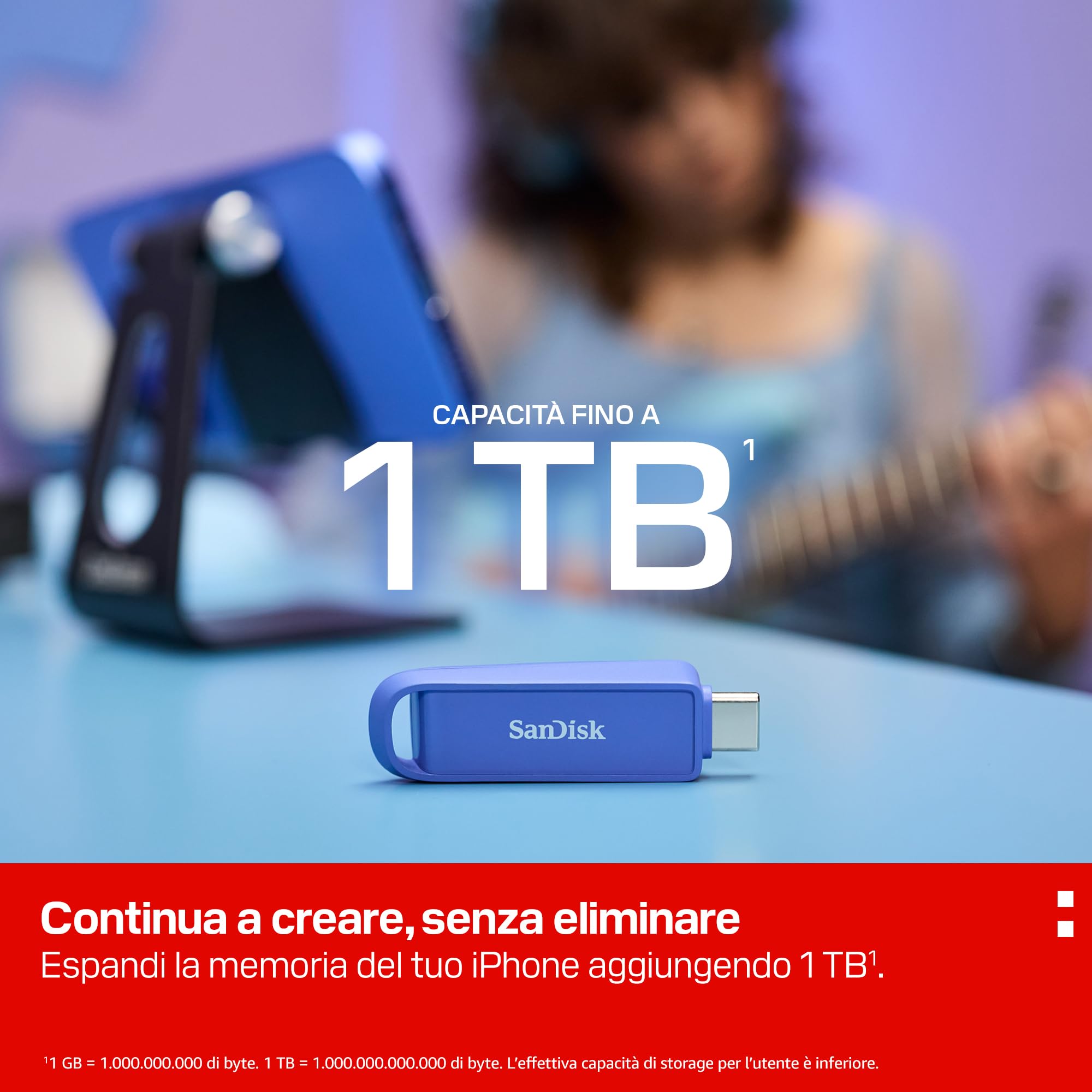 SANDISK Unità per telefono con USB Type-C 1 TB (per smartphone, tablet e computer, velocità fino a 150 MB/s, backup automatic, recupero dati) - Maritime Blue