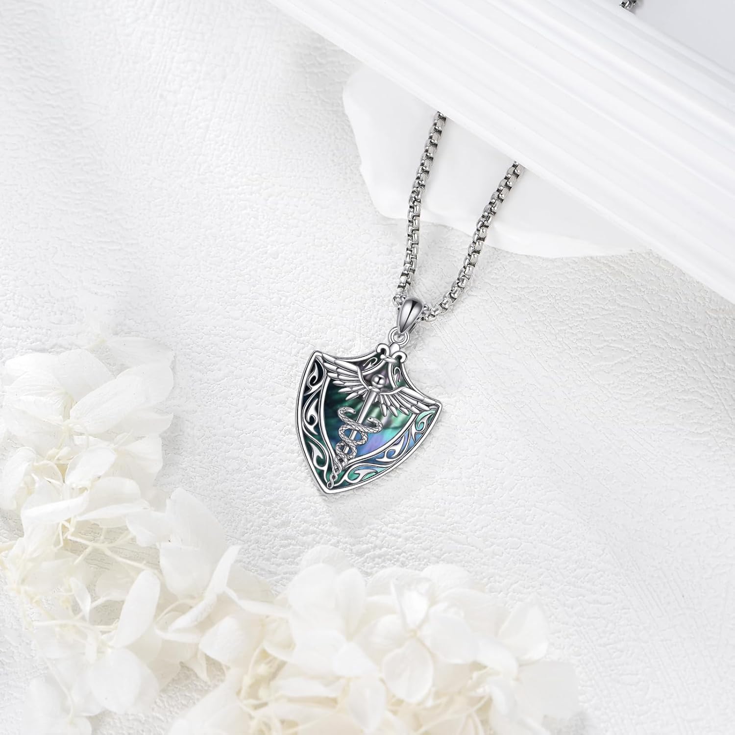 Staff of Caduceus Necklace 925 Sterling Silver Shield Staff Angel Wings Pendant Talisman Nurse's Day Christmas Gifts for Nurses - Image 4