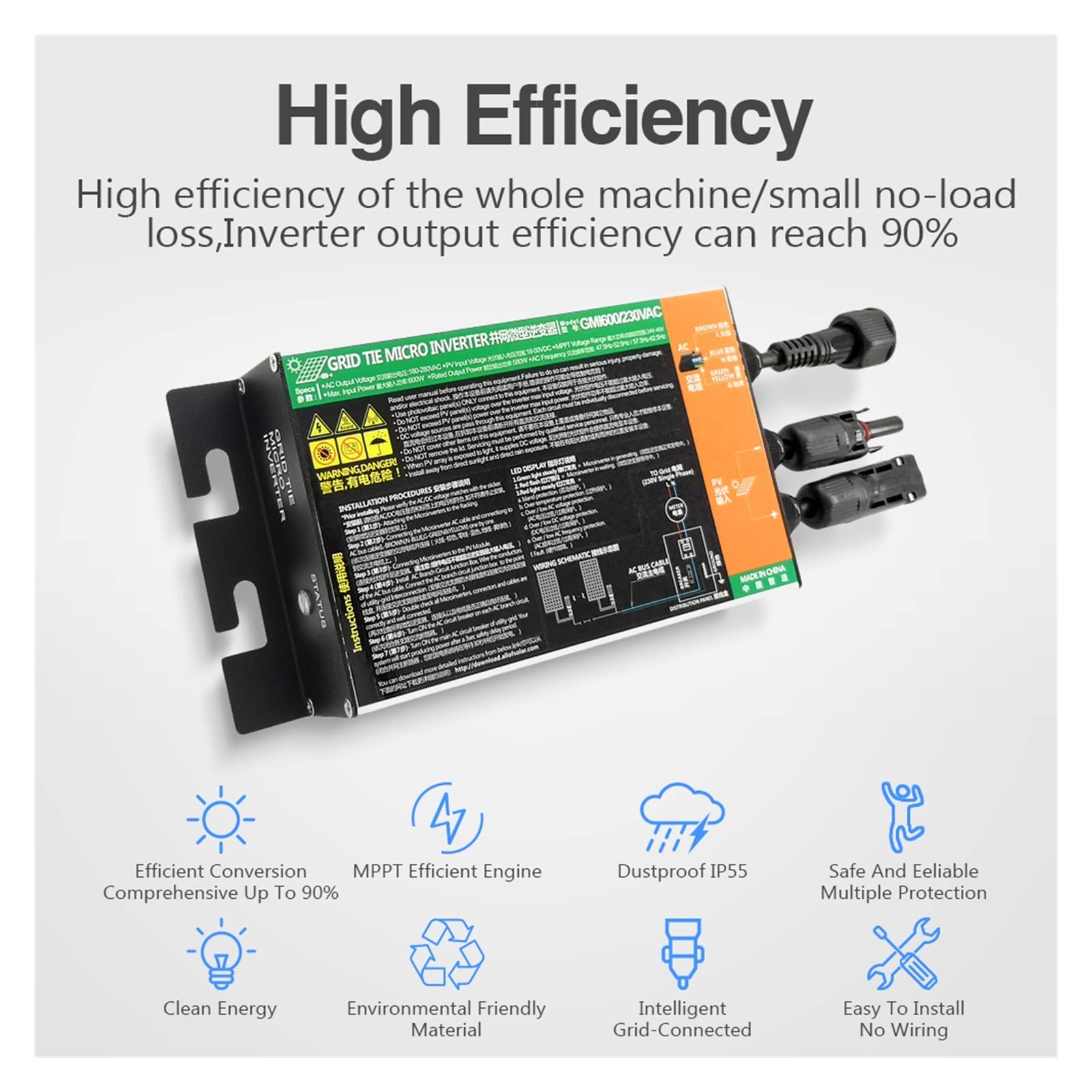 500 W 600 W 700 W Mikroinwerter Sieci Słonecznej 500 W, 700 W, seria GMI, wejście DC 18 V do 50 V, wyjście AC od 80 V do 280 V, 50 Hz, 60 Hz, falowniki fotowoltaiczne (Gmi500,18V-50V-80V-160V)