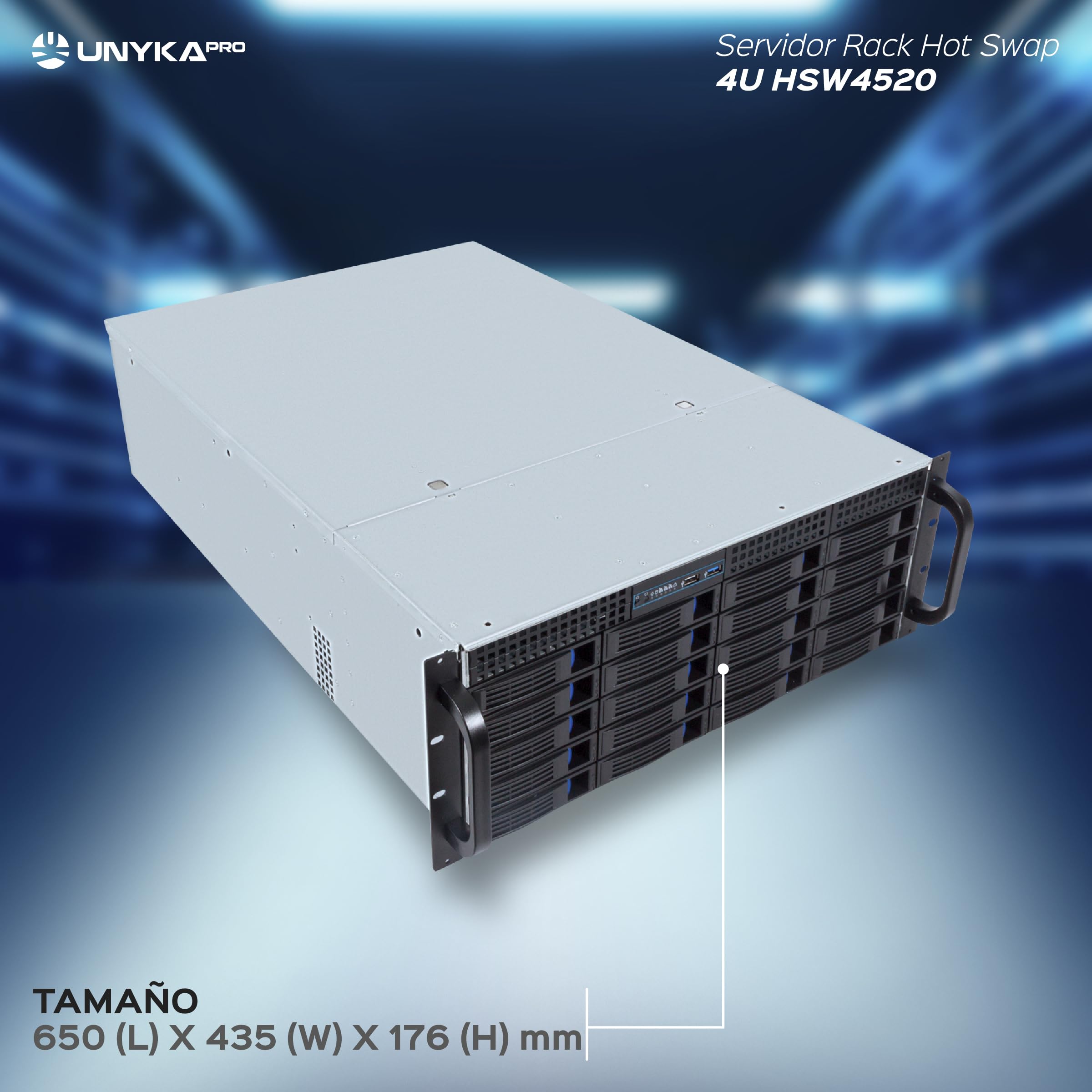UNYKAch Chasis Rack Hot Swap HSW4520 (Sustitución de Bahías en Caliente) 4U ATX, 20 Bahías, para Discos de 3,5″ o 2.5”, 3 Ventiladores de 120 mm y 2 de 80 mm, 1 USB 2.0 y 1 USB 3.0