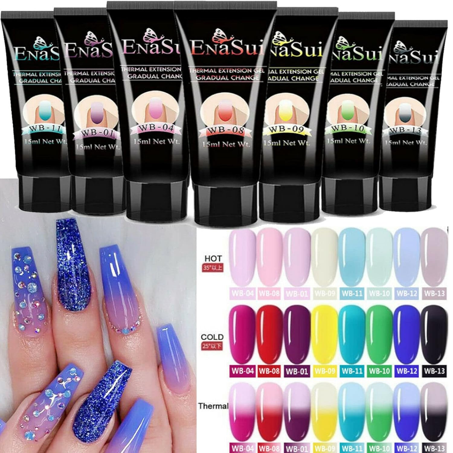 8 Colors Poly Nail Extension Gel Temperature Color changing Nail Builder Gel Kit Builder Gel Nail File Nail Extension Forms Nail Brushs Set for Nails