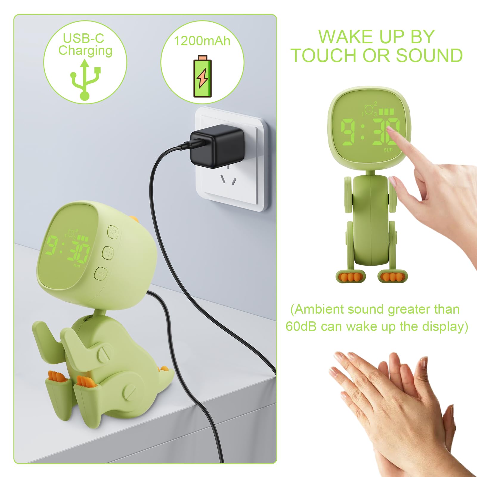 BRISKORE Despertador digital para niños sin tictac, despertador infantil, alarma infantil, reloj despertador con forma variable, repetición, temporizador nocturno, 6 despertadores, brillo y volumen