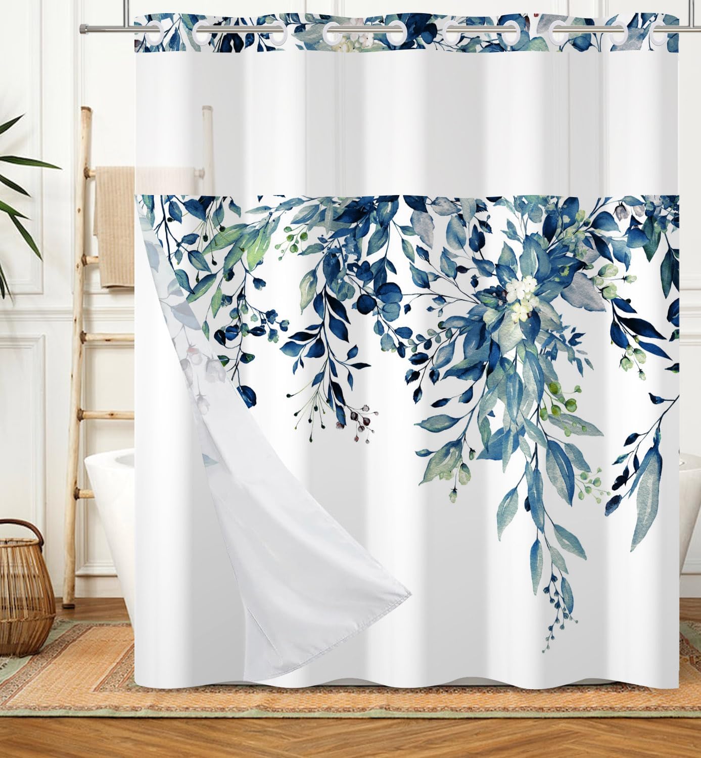 DASHAN No Hook Shower Curtain with Snap in Liner, Blue Leaf Shower Curtains for Bathroom, Plant Botanical Bathroom Curtain Teal Leaves Fabric Bath Curtains 71"x74"