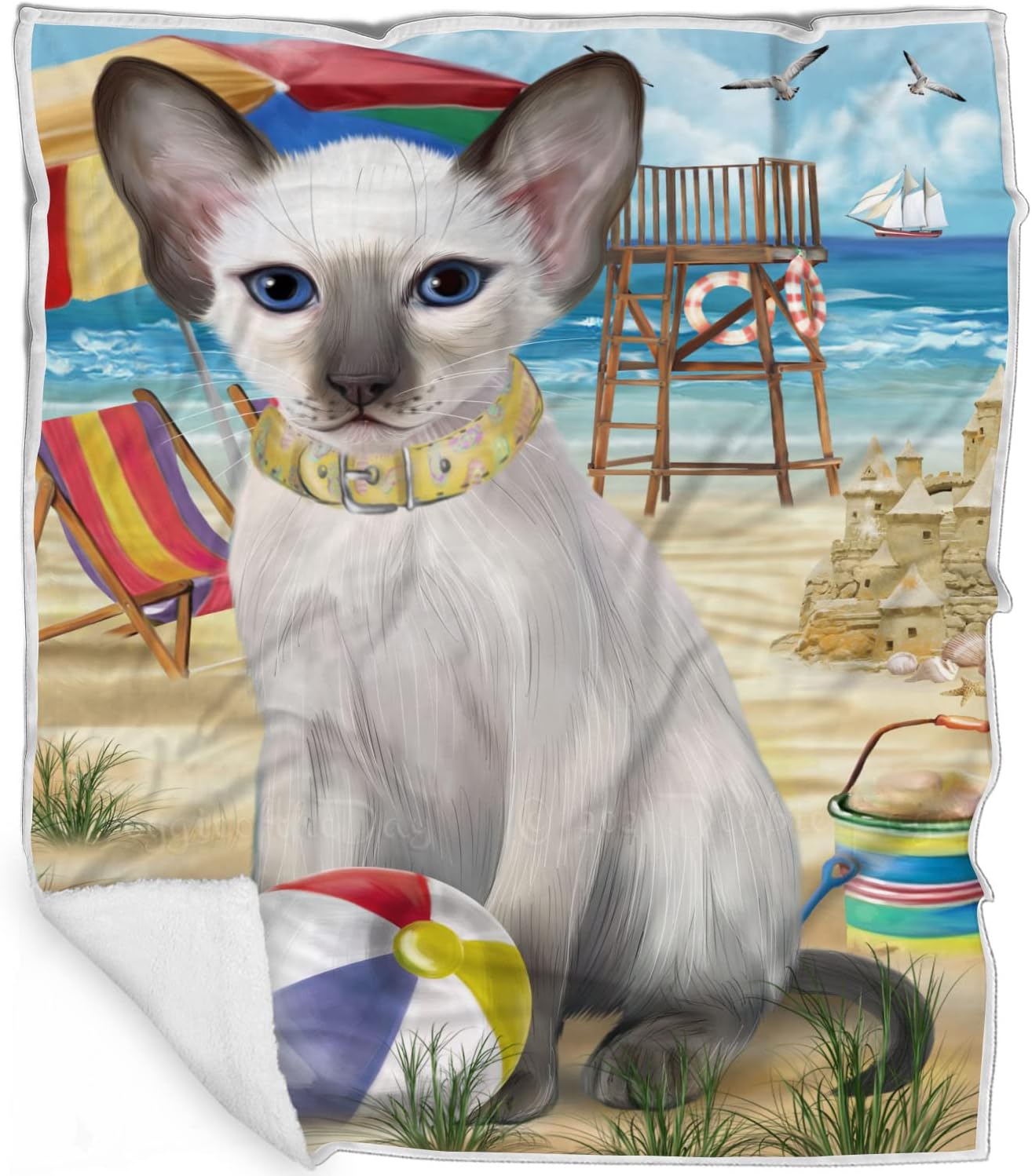 Pet Friendly Beach Oriental Blue Point Siamese Cat Blanket - Lightweight Super Soft Cozy and Durable Bed Blanket - Animal Theme Fuzzy Blanket for Sofa Bed Couch BLNKT56416 (60x80 Fleece)