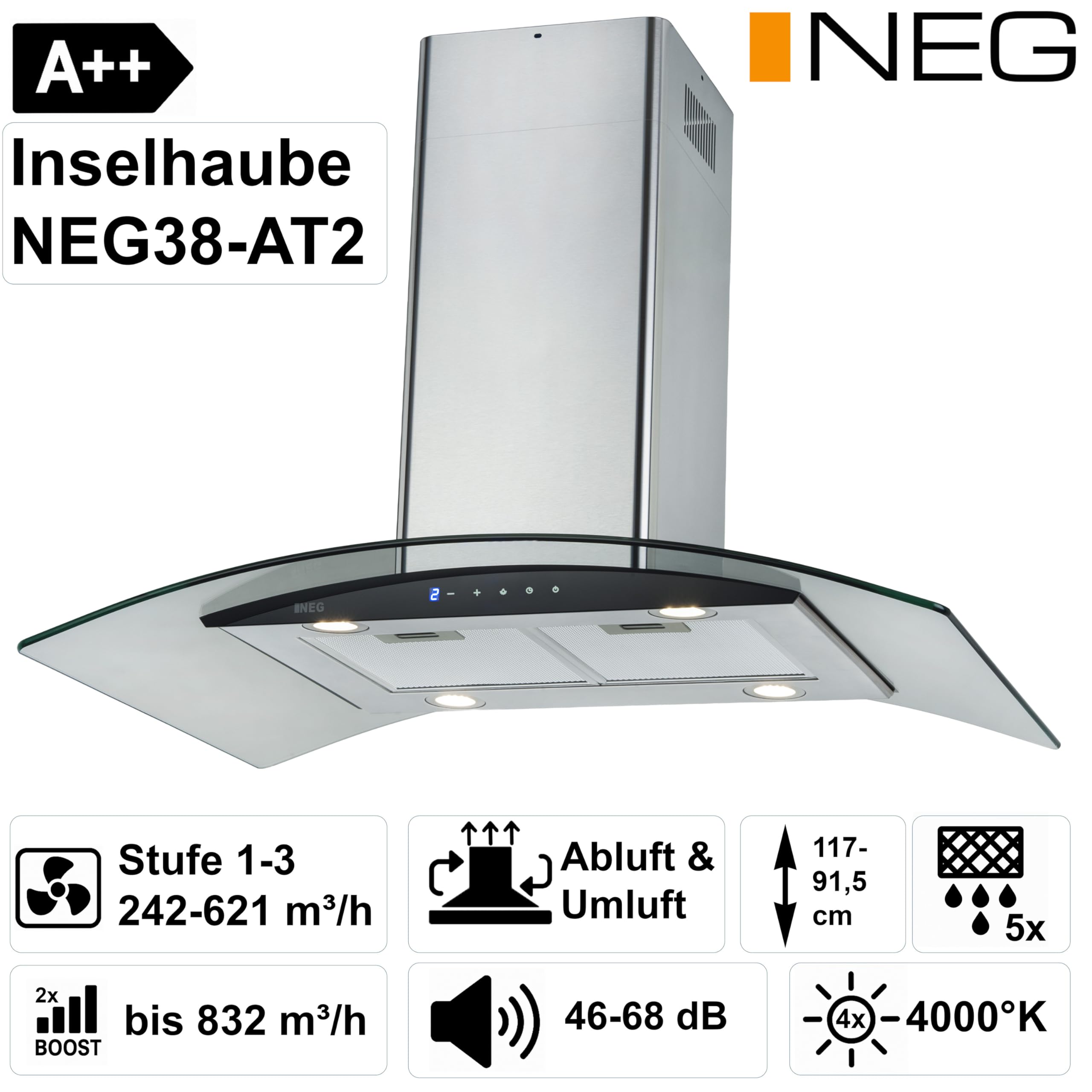 NEG Insel-Dunstabzugshaube NEG38-AT2 90cm Edelstahl Abluft Umluft 830 m³/h 2 Power-Stufen