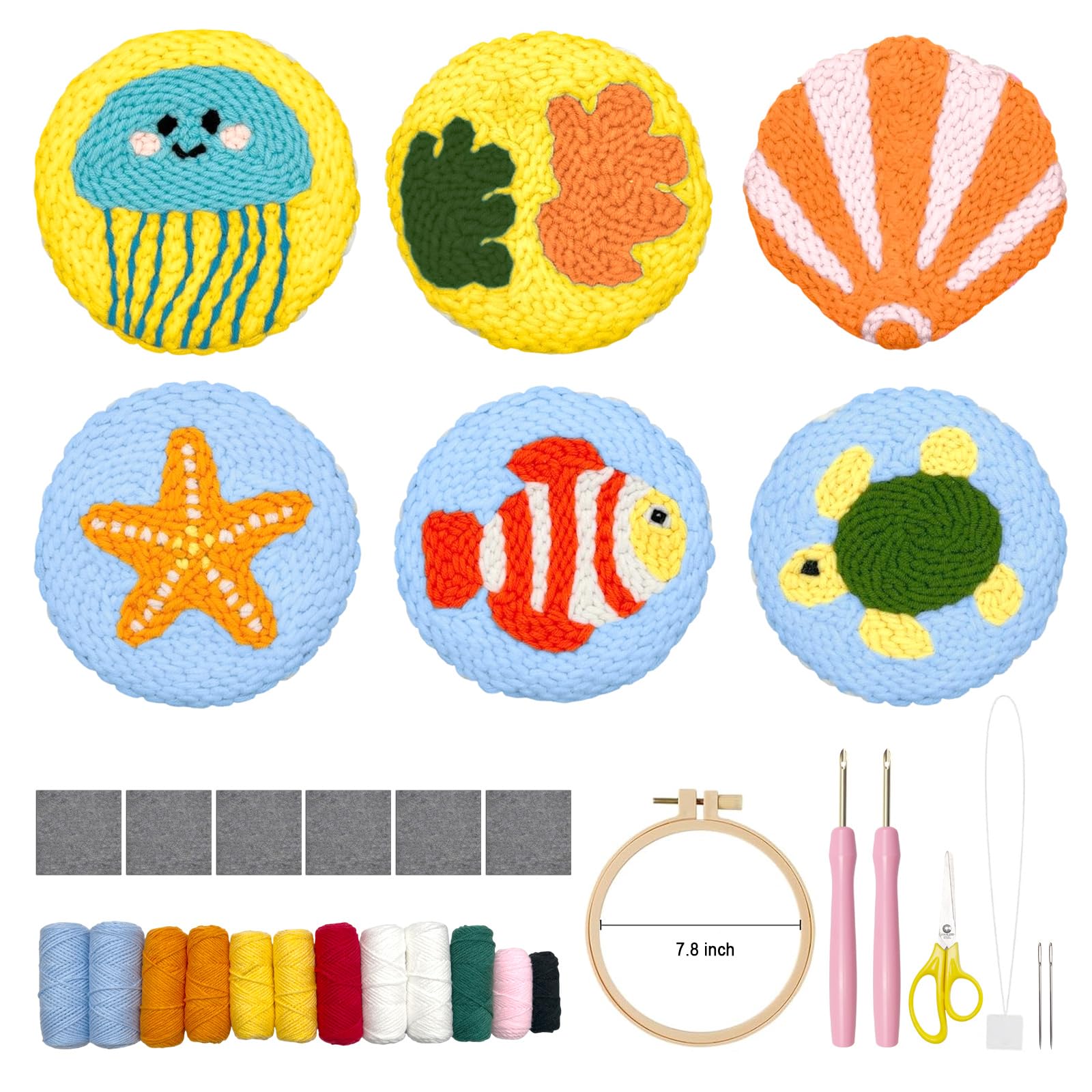 Punch Needl Kit for Adults Beginners, 6-Piece Marine Life Punch Needle Coaster Kit – Easy DIY Embroidery Craft Set with Instructions – Cute Animal Needlepoint Tufting for Table Decor & Festival Gifts