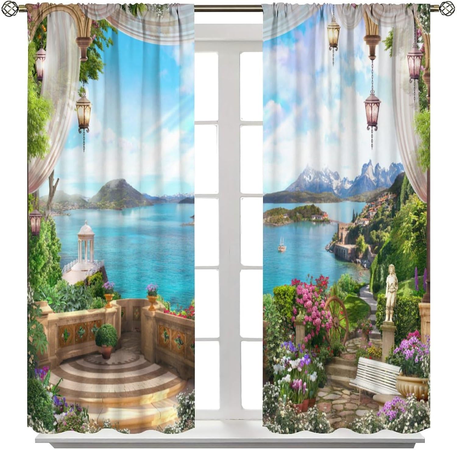 Ocean Landscape Curtains Fantasy Castle Palace Colorful Flowers Sea Boat Pattern Blackout Print Rod Pocket Window Drapes for Bedroom Living Room 63x72in