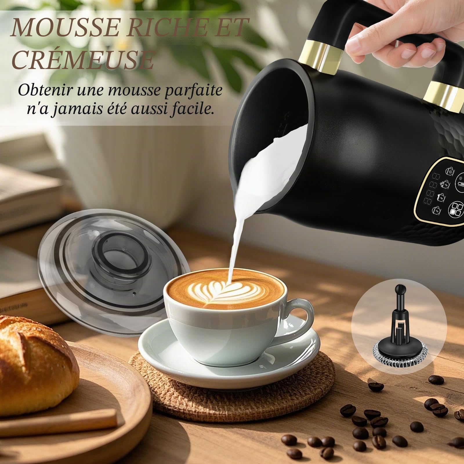 Mousseur électrique 4 en 1 - lait pour chocolat chaud et mousse chaude/froide - Contrôle de température, 2 fouets pour cappuccino