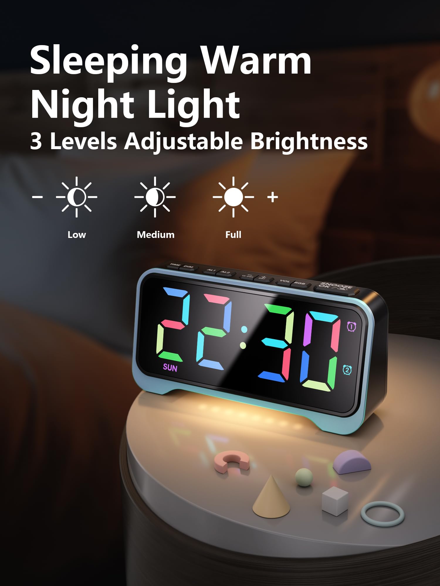 Lafocuse Digitale wekker nachtkastje netvoeding modern gebogen ontwerp voor kinderslaapkamer, met 7 RGB kleurrijke nachtverlichting, 8 kleuren LED- cijfers, sluimeren, instelbare helderheid, zwart