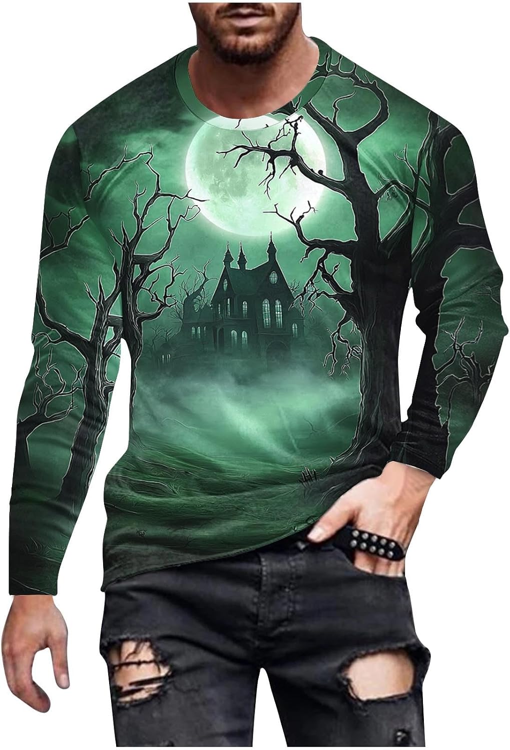 Halloween T Shirt for Men Spooky Graphic Pullover Tops Crewneck Long Sleeve Shirts Fall Winter Fashion Streetwear