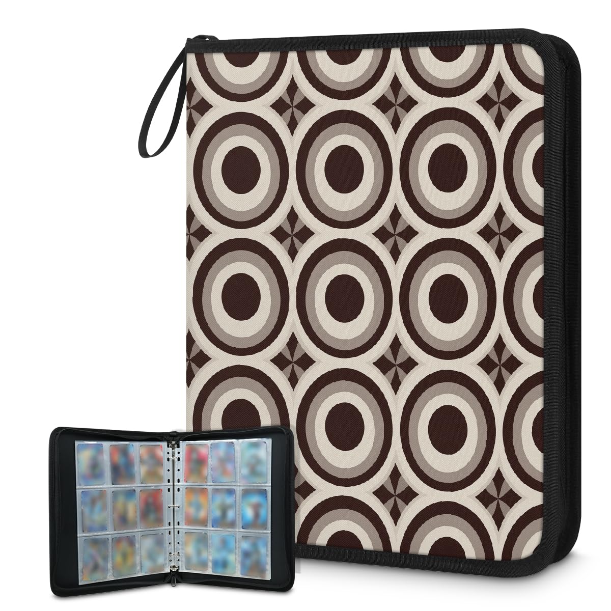 Raccoglitore per carte con 9 tasche, 900 tasche, con chiusura a cerniera (stampa circolare ad anello circolare marrone chiaro)