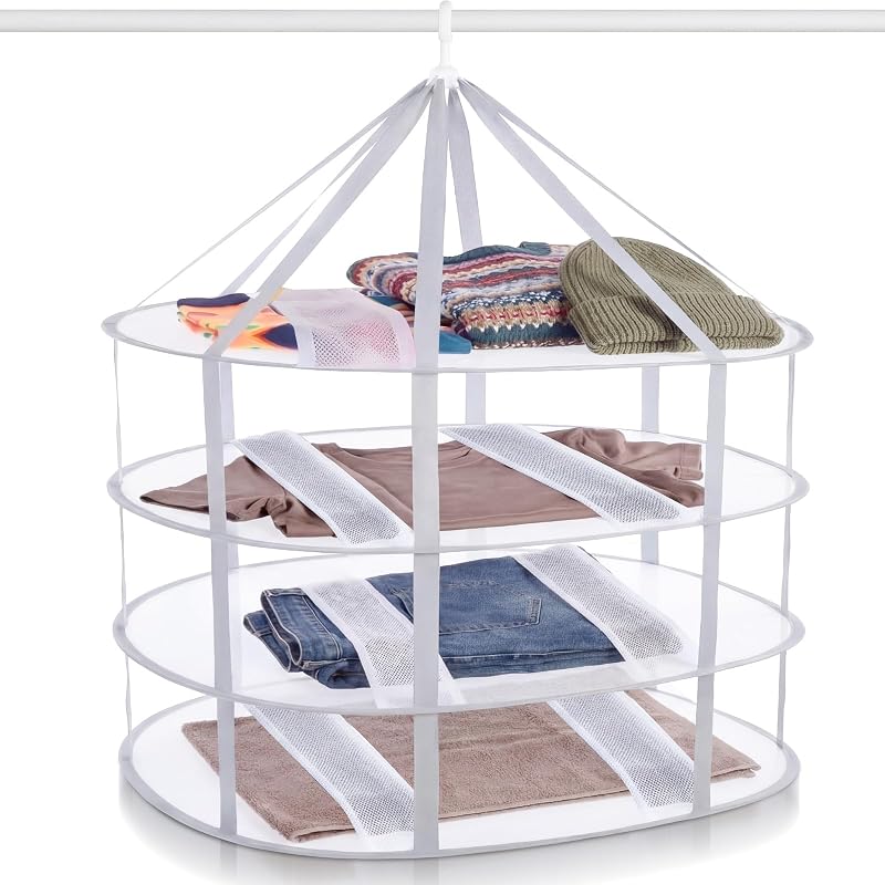 4-Tier Folding Sweater Drying Rack Mesh Clothes Hanging Foldable Sweater Dryer Portable Clothes Drying Rack for Flat Knitwear Laundry T-Shirt Swimsuit Delicates (1 Pack)
