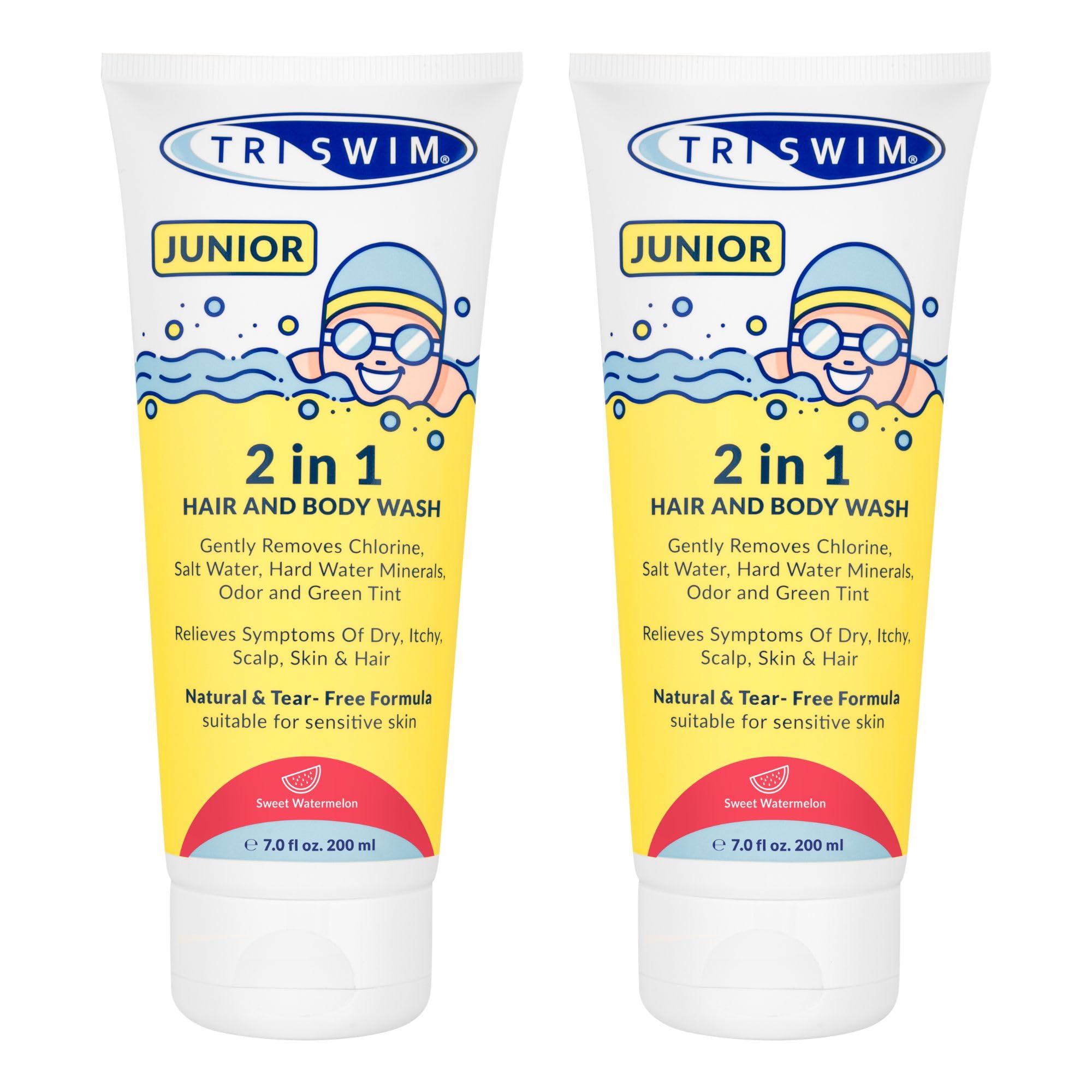 TRISWIM Junior After Swim Hair & Body Wash For Kids | Removes Chlorine, Salt and Pool Chemicals | Prevents Skin and Scalp Itching | Natural & Tear Free | Sweet Watermelon Scent, 200 ml (Pack of 2)