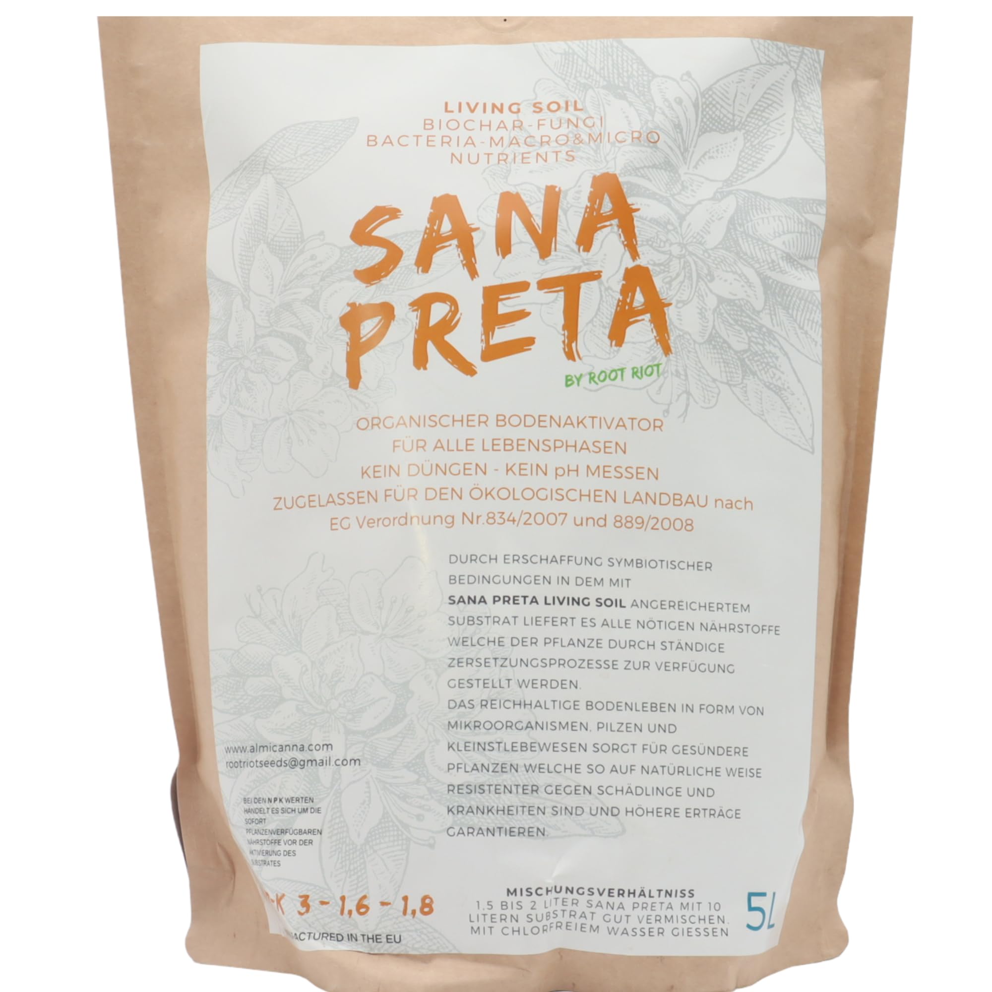 ROOT RIOT: Sana Preta Living Soil 5L - Basis Mix für Living Soil - Organischer Bodenaktivator mit aktivierter Pflanzenkohle, Mykorrhiza & nützlichen Mikroorganismen