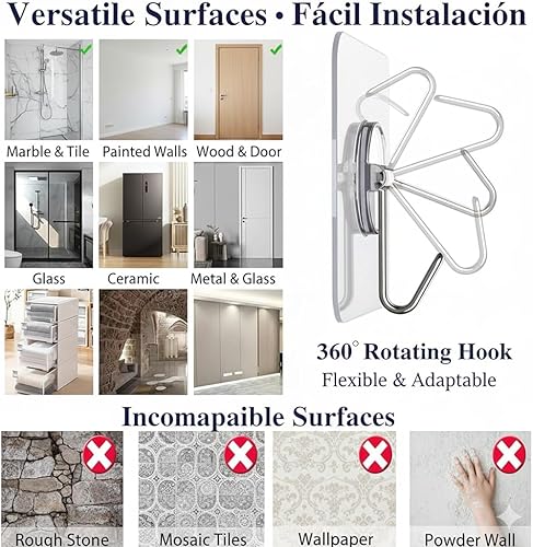 Miniatura 6 de Ganchos de pared adhesivos resistentes, acero inoxidable transparente, paquete de 12 – carga máxima de 24 libras, ganchos reutilizables impermeables