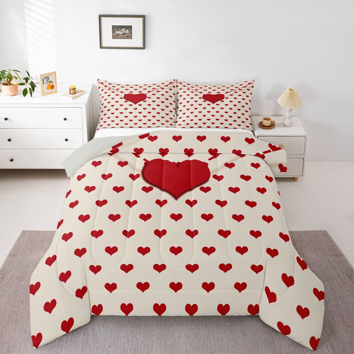 Castle Fairy Red Beige Kids Comforter Set Toddler Size,Cute Heart Pattern Valentine's Day Reversible Quilt Set for Boys Bedroom Decor,Cartoon Love Letter Geometric Duvet Insert,1 Pillowcase