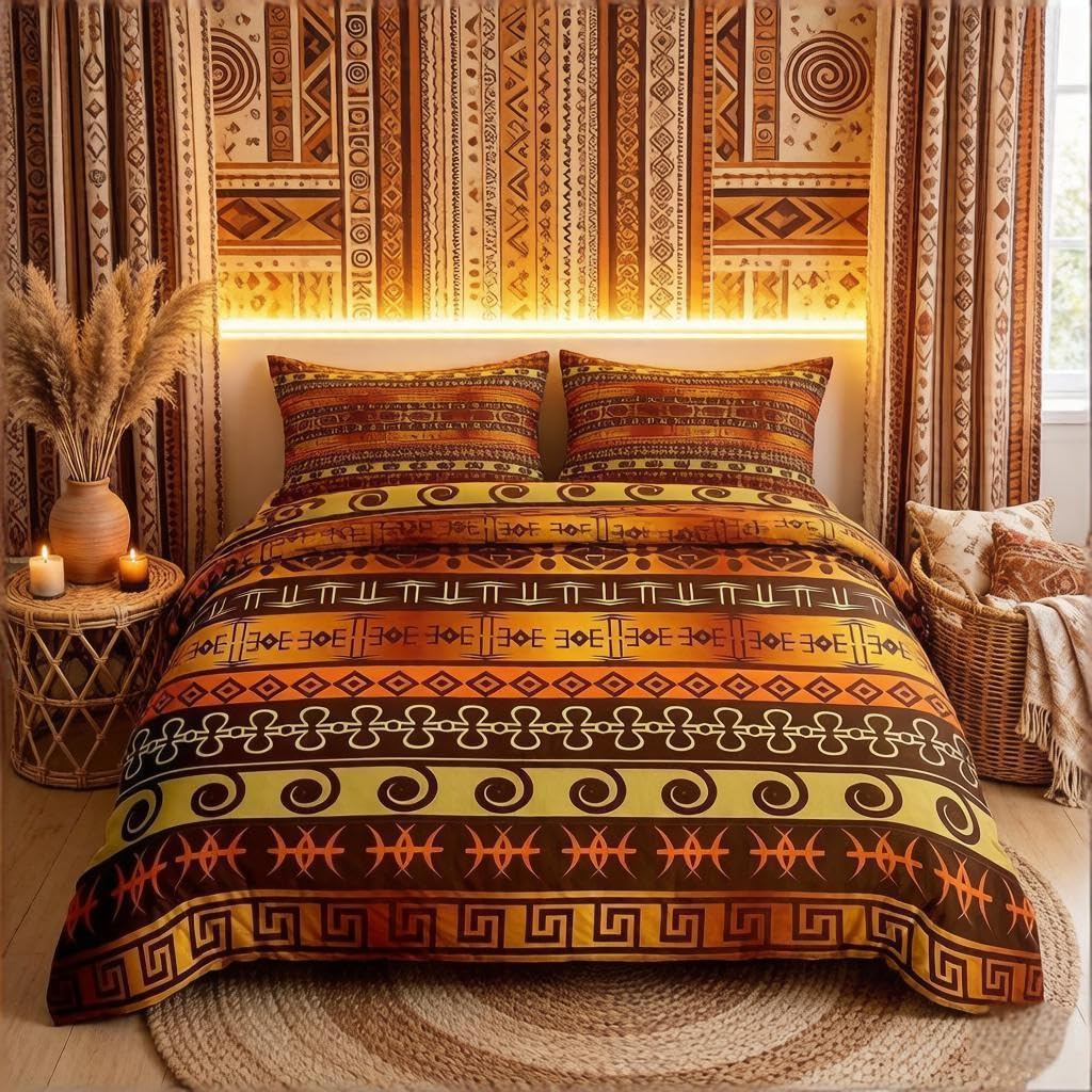 Home Bedding Set King African Chevron Zigzag Circle Comforter Set 3 Pieces Spirals Timeless Decker Vintage Art Comforter Cover Oriental Doodle Bedding Duvet Cover with 2 Pillow Shams Zipper Ties โ image 1
