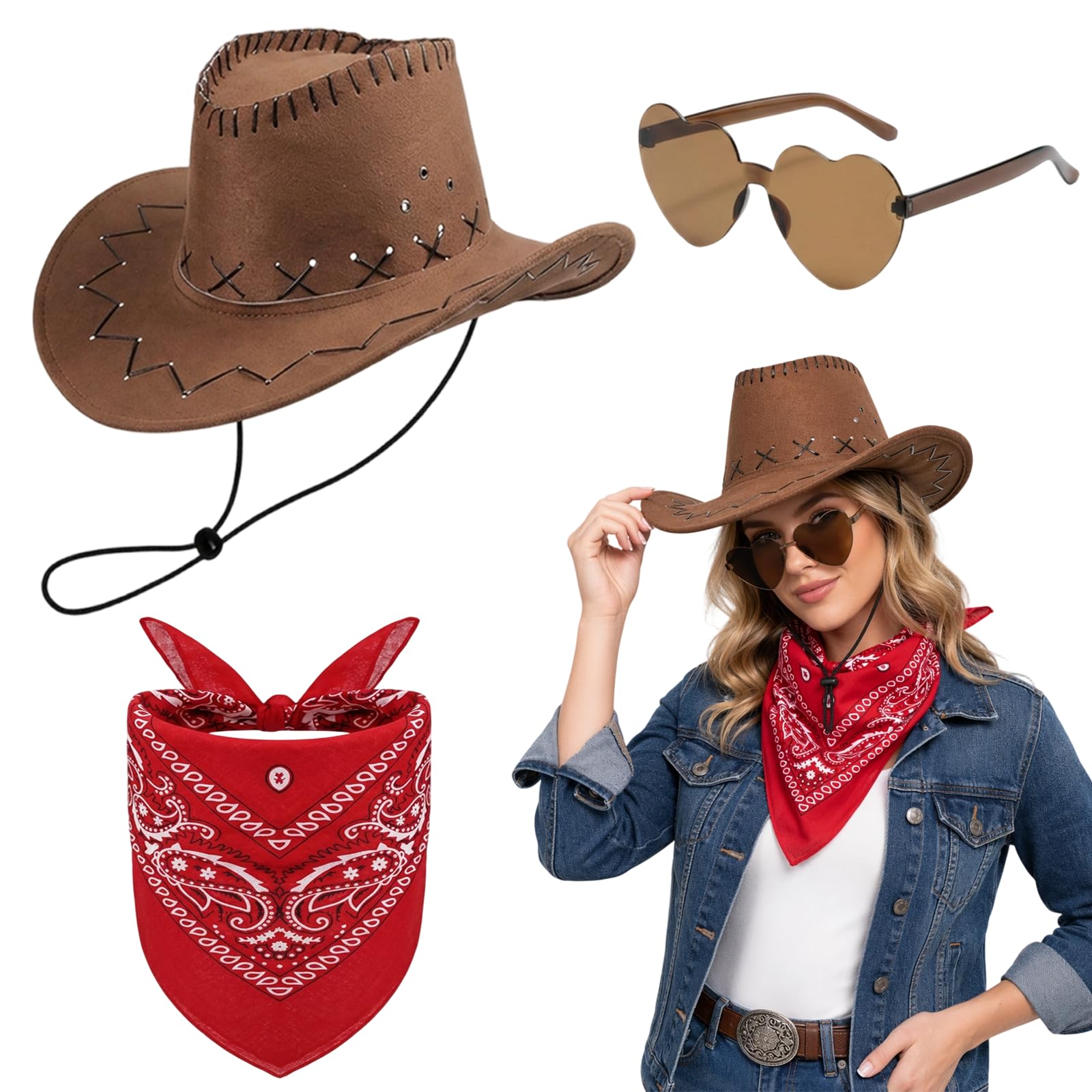 Efuwfugc Brown Cowboy Hat, Western Fashion Accessories for Women, Cowboy Hat Brown with Red Bandana and Heart Sunglasses, Cowboy Hats for Women 3-Piece Set for Halloween Parties and Themed Events