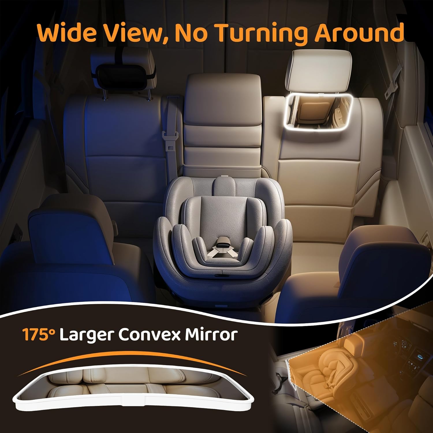 Baby Car Mirror with Light, USB-Powered 175° FOV Baby Seat Mirror for Car, Stable Hook Clip, 360° Adjustable, Safety & Easy Install, Rear-Facing Backseat Camera to Monitor Your Baby’s Every Move