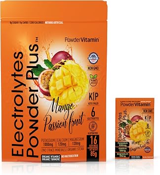 PowderVitamin Electrolytes Powder Plus, Keto, Mango Passionfruit, Sugar Free, Pink Himalayan Salt, 1000mg Potassium, 120mg Calcium, 120mg Magnesium, Non-GMO, Zero Calories, 16 Hydration Packets