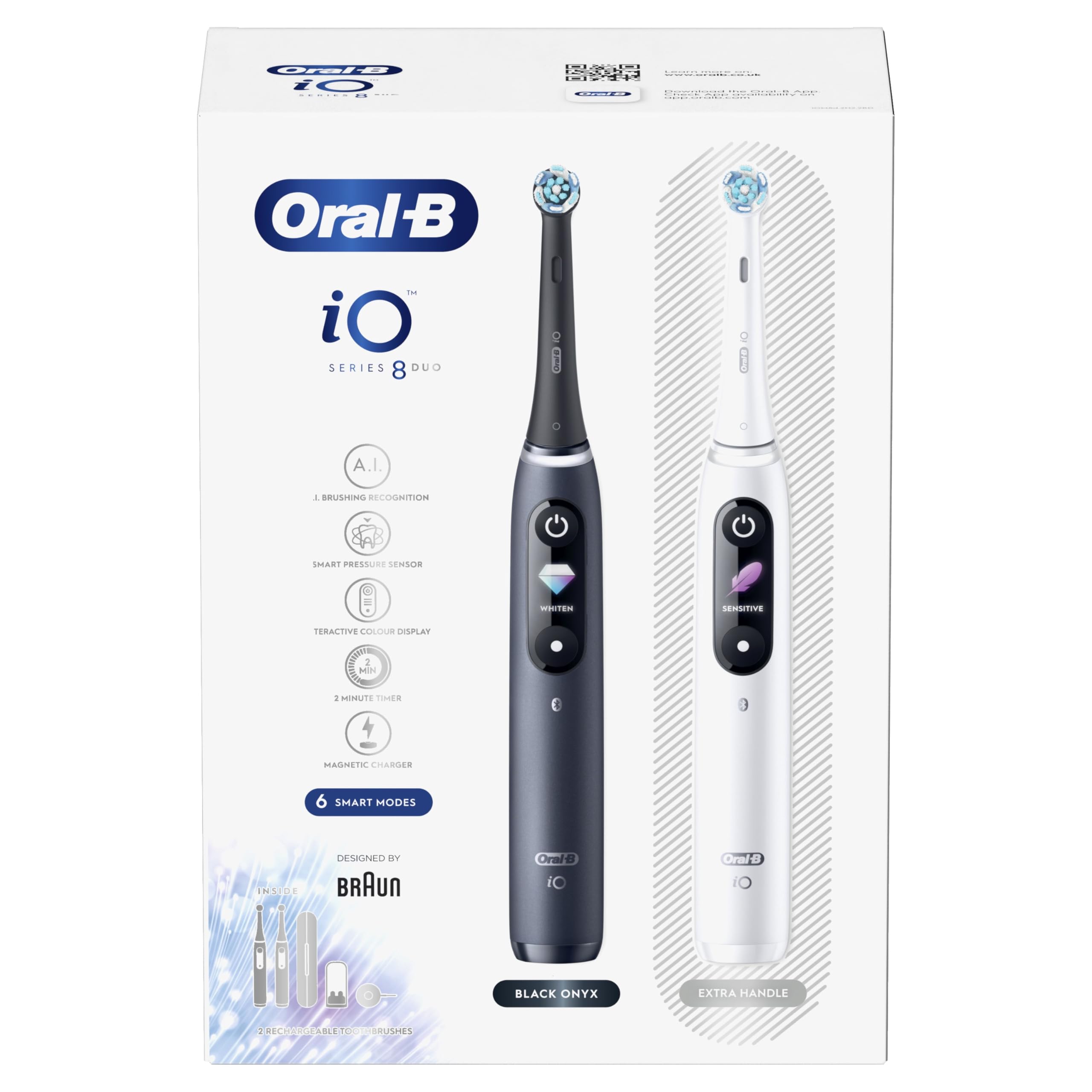 Oral-B iO8 2x Electric Toothbrushes For Adults, Gifts For Women / Men, App Connected Handles, 2 Toothbrush Heads & Travel Toothbrush Set, 6 Modes, 2 Pin UK Plug, Black & White, Oral B IO Toothbrush