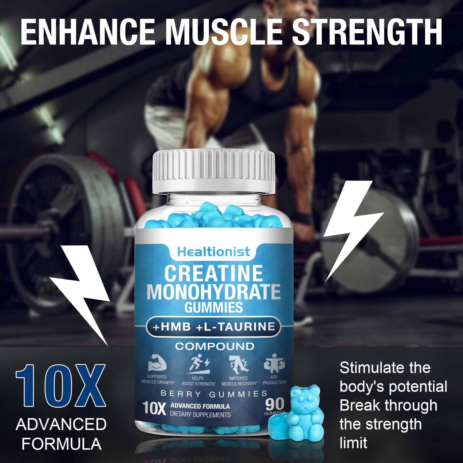 2 Pack 8000MG Creatine HMB Monohydrate Gummies for Men & Women, L-Taurine & Vitamin B6 12, 180 Blueberry Flavor Counts Supplement Gummies (60-Day Supply) — Amazon image 2