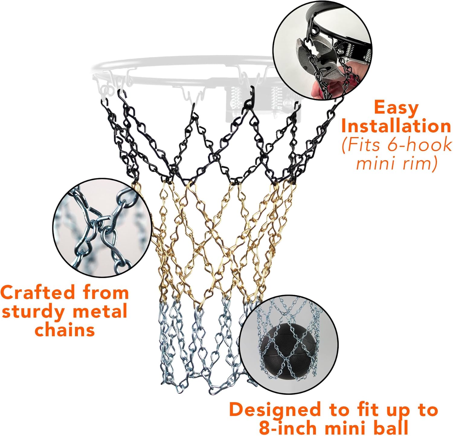 Basketball Chain Net for Mini Hoop (6 Hook), Metal Chain Link