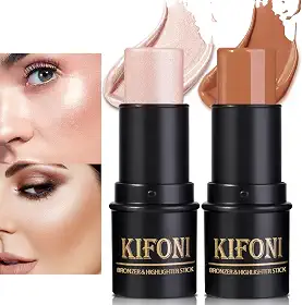 Kit de maquiagem em bastão de contorno creme, bastão iluminador de creme e bastão de bronzeador para bochechas, leve, misturável, suave - iluminador e bronzeador (#04 ouro rosa claro # 07 café)