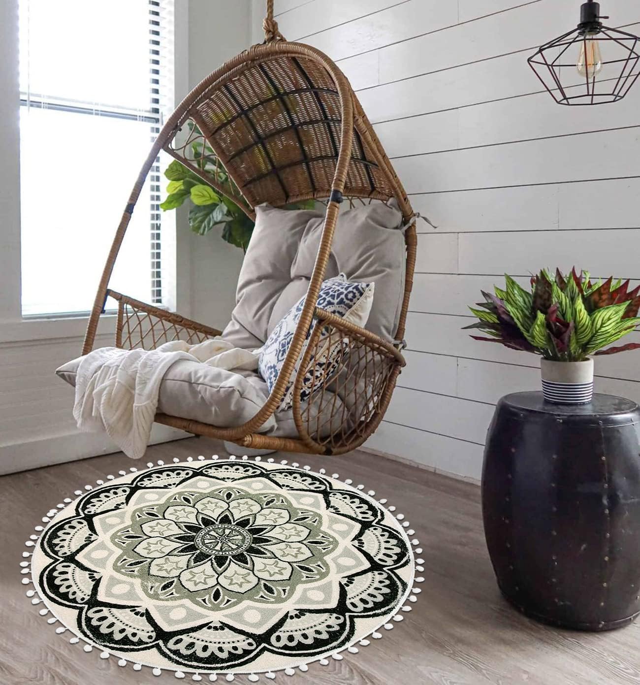 Uphome Round Rug 3ft Black Mandala Boho Rug with Pom Pom Fringe Non-Slip Washable Circle Bath Mat Soft Cute Blooming Medallion Throw Rug for Entryway Bedroom Powder Living Room Nursery