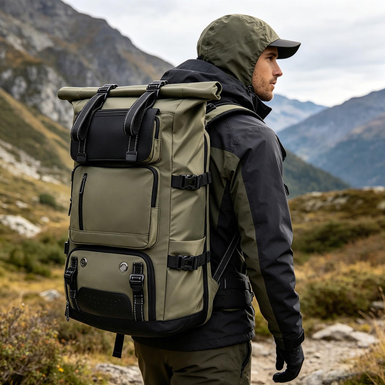 TY&WJ Mochila De Senderismo 40L Rolltop Impermeable, Mochila De Viaje con Compartimento para Portátil De 15.6 Pulgadas, Mochila De Trekking Camping Multiusos