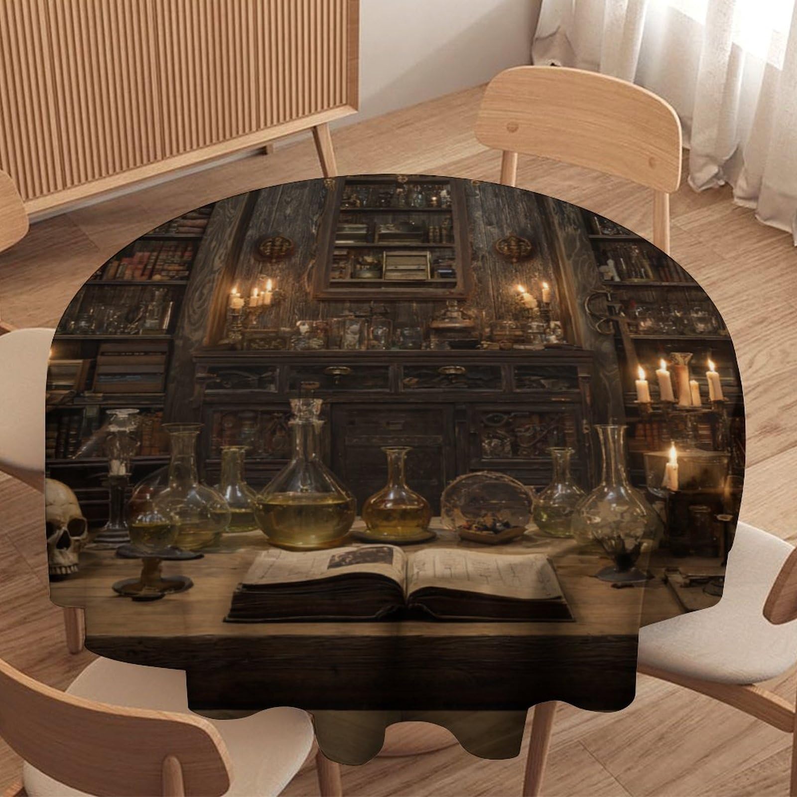 LUYYSKY Fantasy Classic Vintage Bookshelf Round Tablecloth Modern Aesthetic Gothic Ancient Castle Library Print Washable Decor for Table Cover for Kitchen-91.4" Wx91.4 L cm
