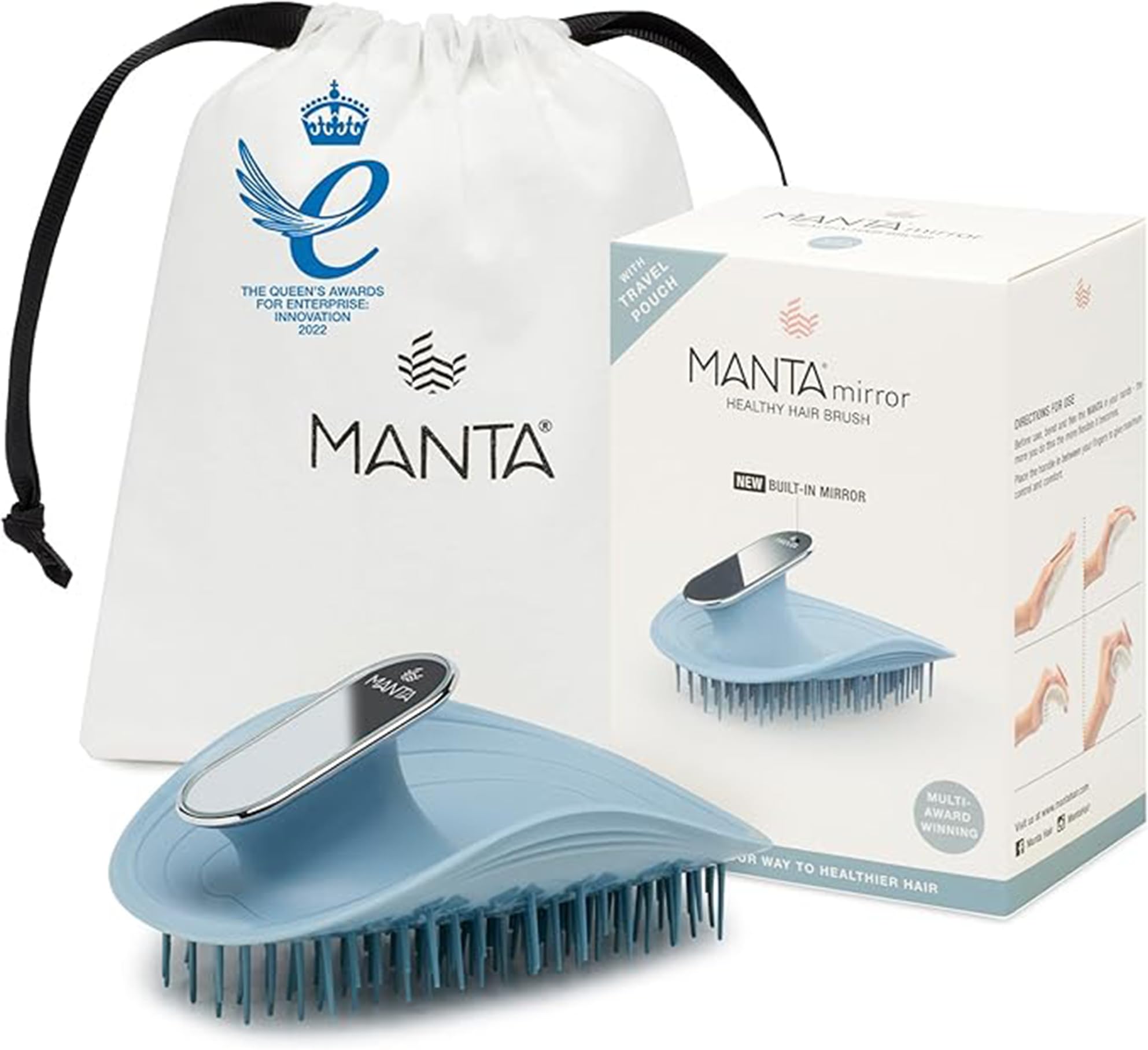 Manta Cepillo con espejo, ideal para bolso, antirroturas, para cabello rizado, grueso, fino, húmedo y cuero cabelludo. Promueve el crecimiento del cabello, azul.