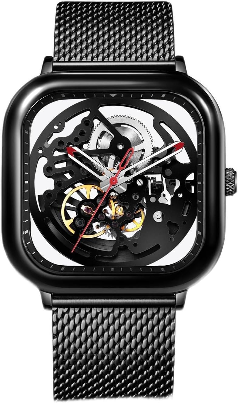Automatic Mechanical Watch C Series Skeleton Analog Wrist Watch with Milanese and Leather Strap Sapphire Crystal Mirror Gifts for Men and Women