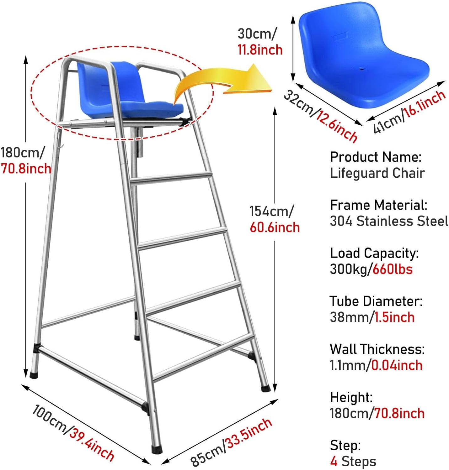 Lifeguard Pool High Chair with Sunshade, 304 Stainless Steel Safety Observation Ladder for Indoor/Outdoor Swimming (5.9'/70.8''/180cm)