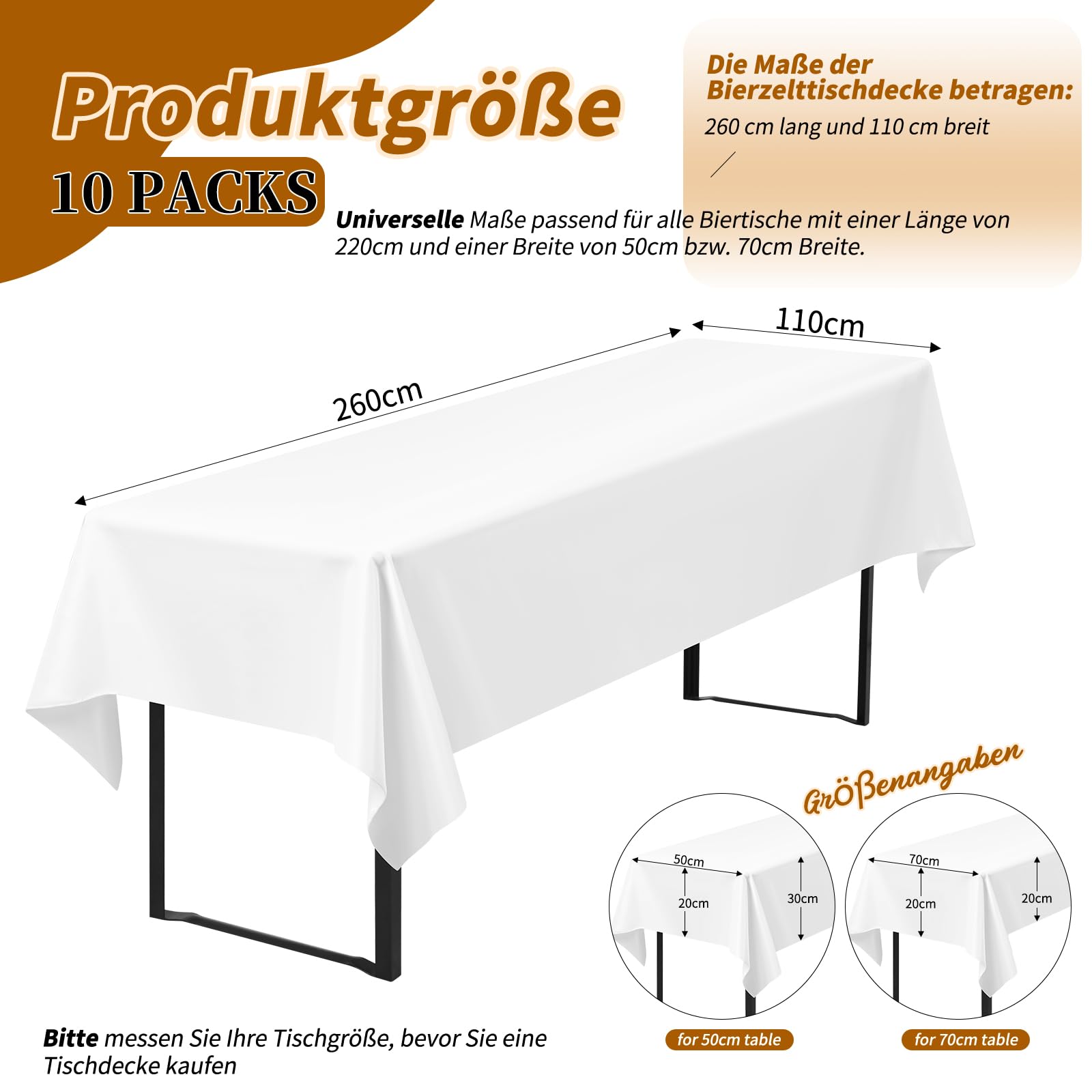Confezione da 10 tovaglie da birra, 260 x 110 cm, bianche – tovaglie in poliestere opache, lavabili per tende e attività all'aperto (bianco)