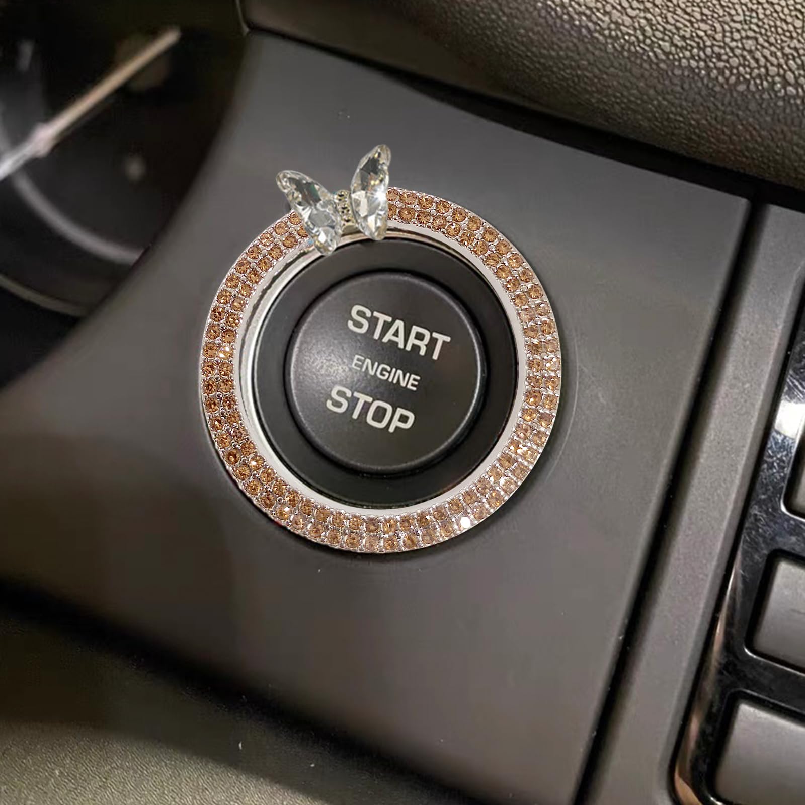 Transparent Butterfly Bling Ring Emblem - Car Push Start Button Cover/Sticker, Key Ignition Knob Bling Ring, Sparkling Car Interior Accessories for Women - Champagne