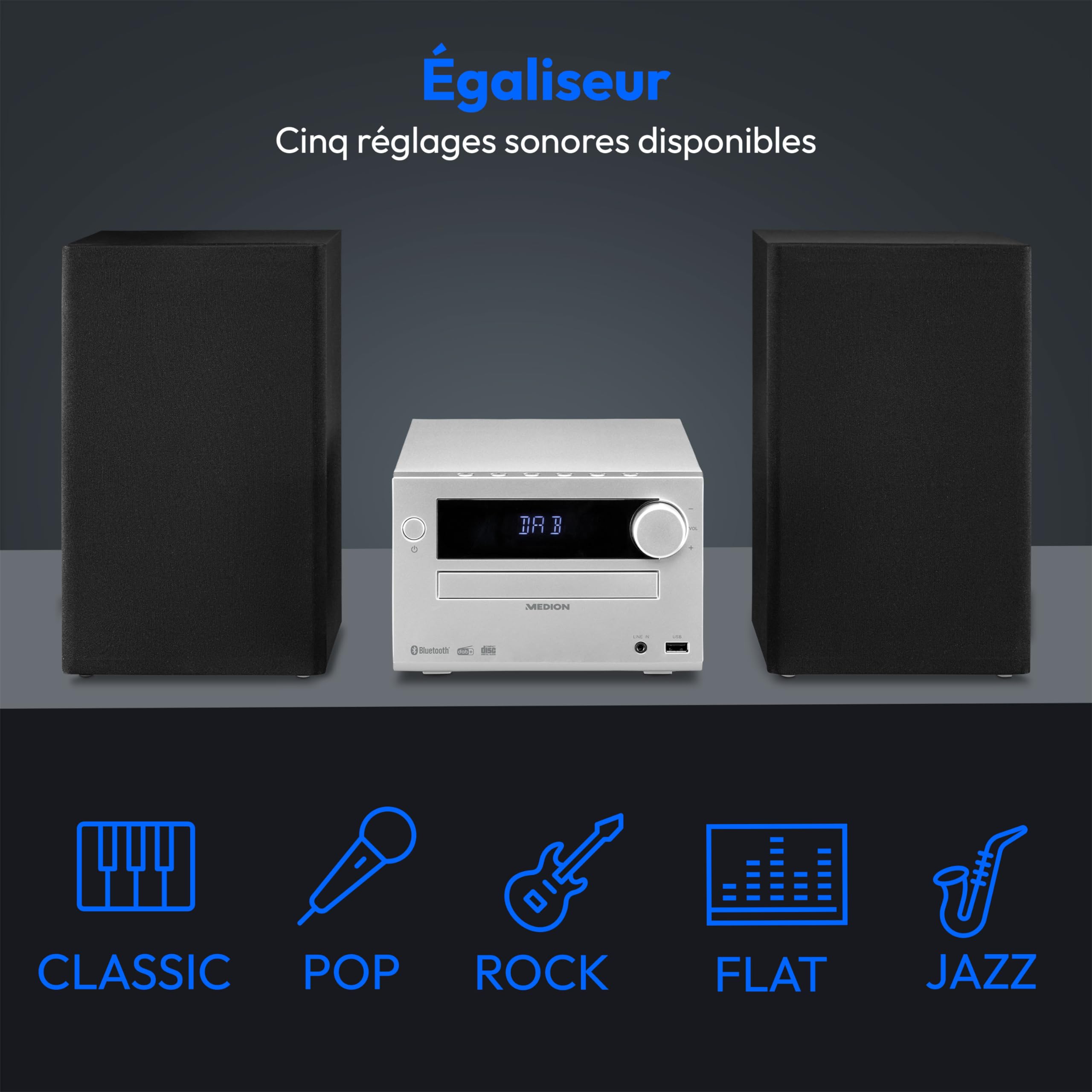 MEDION E64482 Microsystème audio compact (radio Internet, DAB+, lecteur CD, radio FM PLL, Bluetooth, lecteur MP3, AUX, prise casque, USB, minuteur de mise en veille, écran à intensité réglable) argent