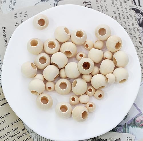 Miniatura 4 de BetterJonny - 200 cuentas de madera de agujero grande, cuentas sueltas de madera redondas naturales sueltas de madera para hacer joyas, cabello,