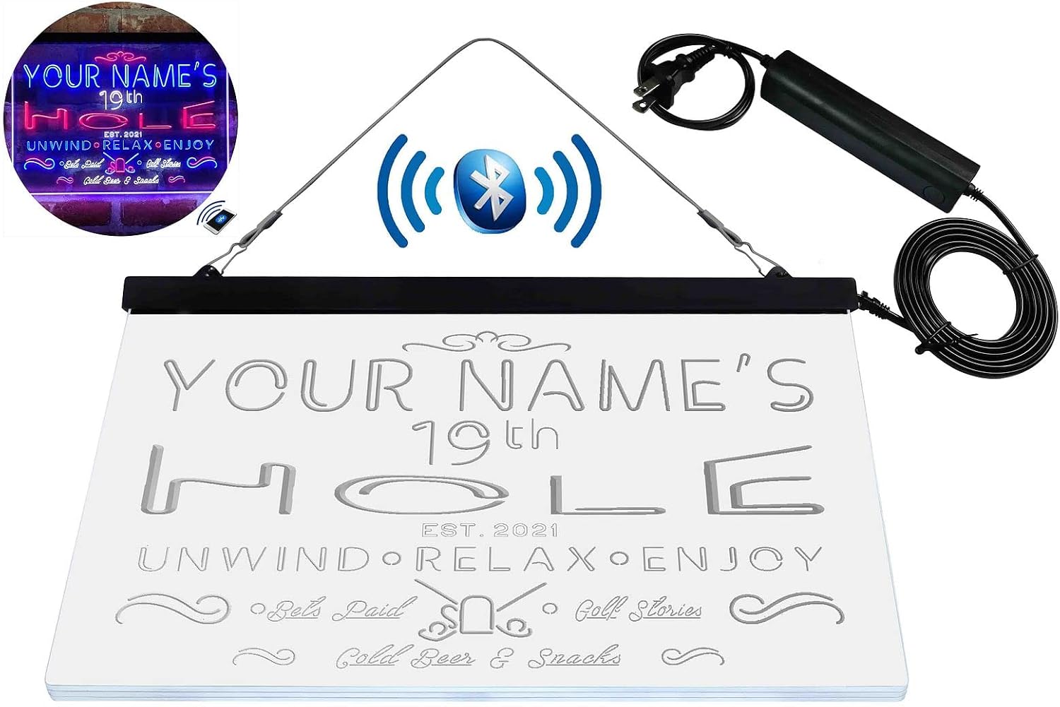Personalized 19th Hole Golf Club Tri-Color LED Neon Light Sign Customize Name Date Text Quote Font White & Red & Blue 17.7 x 13.6 Inches st9s43-pi1-tm-wrb