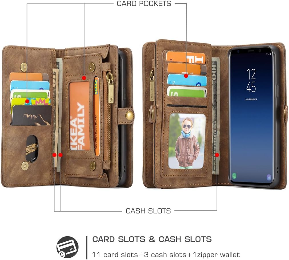 AKHVRS Galaxy S9 Plus Wallet Case, Handmade Premium Cowhide Leather Wallet Case with Zipper Wallet Case [Magnetic Closure] Detachable Magnetic Case & Card Slots for Samsung Galaxy S9 Plus - Brown