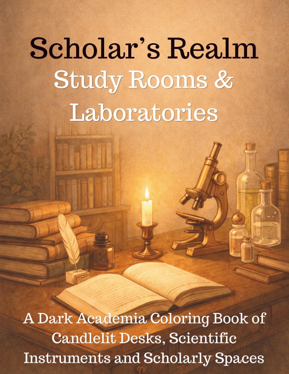 Scholar’s Realm: Study Rooms & Laboratories: A Dark Academia Coloring Book of Candlelit Desks, Scientific Instruments, and Scholarly Spaces